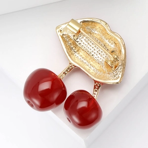Chic red enamel cherry brooch with gold metal leaves and stem for women fashion