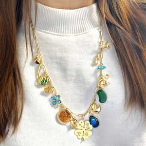 Gold stainless steel multi-charm necklace with clover and elephant pendants for women