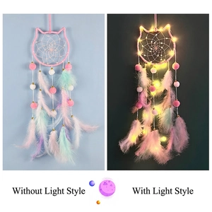 Cat-shaped dreamcatcher wall decor with colorful feathers and LED light options