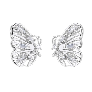 Elegant silver butterfly stud earrings with zircon crystals on white background