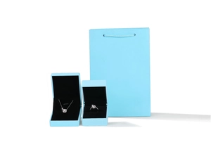Sky blue jewelry gift box set with matching shopping bag and black velvet lining