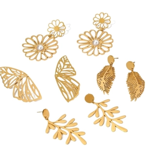 316L stainless steel gold dangle earrings set with leaf flower and butterfly designs