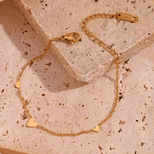 Minimalist 18K gold plated stainless steel chain bracelet with heart pendants on stone