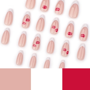 French tip almond press-on nails with red lip print accents and nude base color