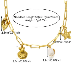 Detailed size specifications for a gold ocean charm necklace with starfish and seashells