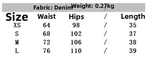 Size chart for women denim vest and shorts set detailing waist, hips and length in cm