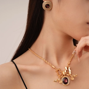 Retro Court Style Necklace And Earrings Alloy Rhinestone Purple Oval Gemstone Ribbon Bow Design Elegant Vintage Women Jewelry