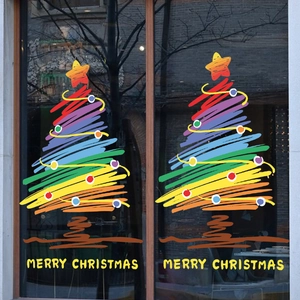 Rainbow Christmas tree window static stickers with Merry Christmas lettering for malls