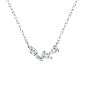 Detail of S925 sterling silver necklace featuring cluster marquise and pear cut crystals
