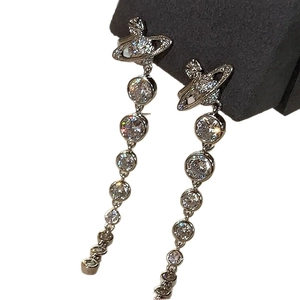 Silver drop earrings featuring a sparkling zircon saturn orb with long tassel pendants