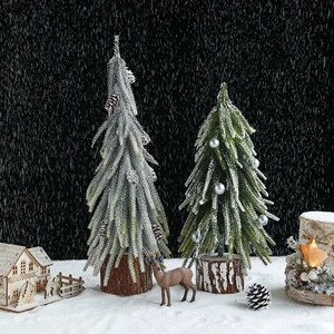 Mini PE snowy Christmas tree set with pine cones, deer, and LED birch log decoration