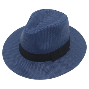 Classic dark blue Panama straw hat for men featuring a black grosgrain ribbon band