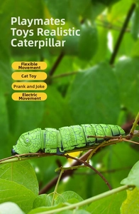 Macro detail of a green electric caterpillar toy crawling on natural leaves and branches