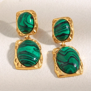 Boucles D'Oreilles À Tige Pendentif Malachite Géométrique Vintage Acier Inoxydable Plaqué Or 18K Texture Martelée Femmes