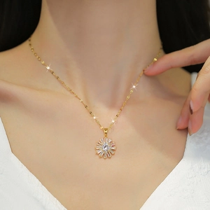Titanium steel sunflower necklace with sparkling zircon pendant on a gold chain