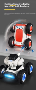 Close-up of 2.4G RC battle cars with rollover stunt and infrared sensor shooting features