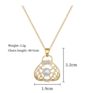 Detailed view of pearl handbag pendant with crystals and dimensions on white background