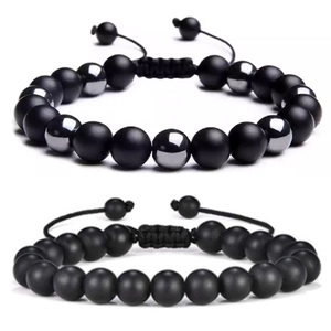Men Beaded Bracelet Natural Lava Stone Hematite Tiger Eye Adjustable Braided Rope Vintage Fashion Jewelry Gift