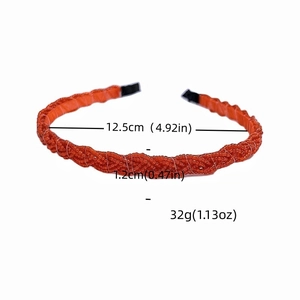 Detailed size chart of orange beaded braided headband showing dimensions and weight
