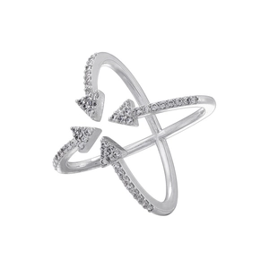 Detail of silver-tone cross arrow ring featuring micro-pave crystals and double band structure