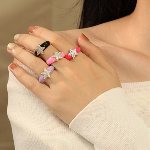 Adjustable colorful star enamel rings for women with zircon inlay and open band style