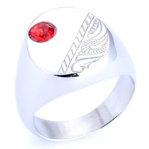 Polished stainless steel ring with red oval gemstone and vintage leaf engravings