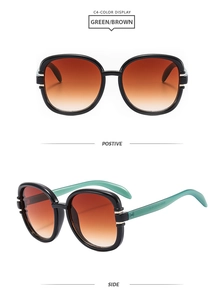 Detailed front and side views of square sunglasses with black frames and green temples