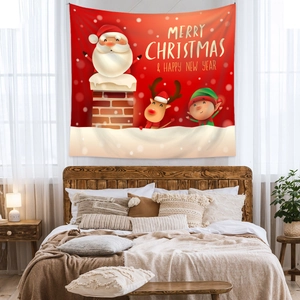 Cozy bedroom setting with a festive Christmas tapestry showing Santa Claus and reindeer