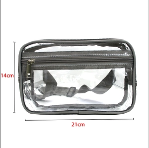 Macro view of transparent PVC fanny pack showing 21cm width and gray reinforced zipper seams