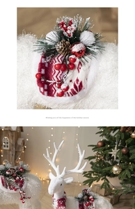 Macro shot of reindeer plush textures with red berries and pine cones holiday decor