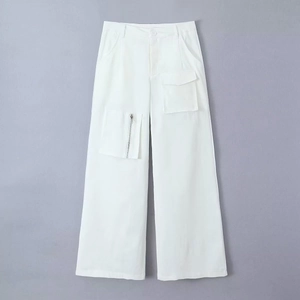 Women White Cargo Pants Polyester Wide Leg Multi Pocket Casual Streetwear Low Waist Trousers