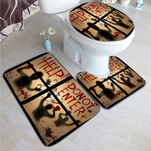 Three-piece Halloween bathroom rug set with bloody handprints and scary HELP text