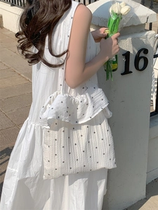 Floral chiffon canvas tote bag with ruffle trim and black cherry flower pattern