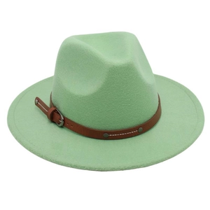 Close-up of light green wool fedora hat featuring a brown leather belt buckle detail