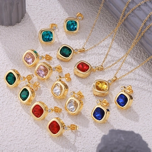 Square birthstone jewelry set with 12 colored zircons pendant necklace and stud earrings