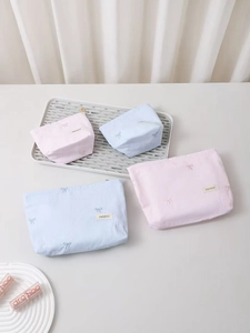 Trousse De Maquillage Mignonne Broderie Nœud Toile Rayée Pochette Cosmétique Organisateur De Voyage Pour Femmes