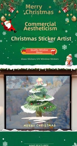 Detailansicht grüner Weihnachtsbaum-Fensteraufkleber mit Schnee und Festtagsgruß