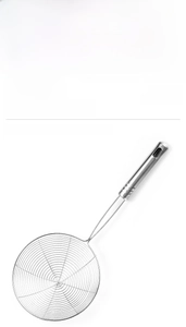 Detailed close-up of fine mesh stainless steel spider strainer with long hollow handle