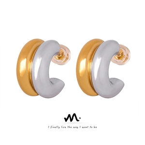 Minimalist C Shape Hoop Earrings Titanium Steel Two Tone Gold Silver Polished Geometric Jewelry For Women French Style