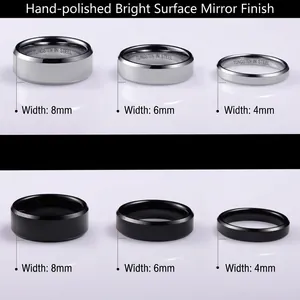 Polished titanium steel rings in silver and black with 4mm, 6mm, and 8mm widths