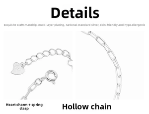 Detail of S925 silver bracelet featuring heart charm, lobster clasp and hollow links