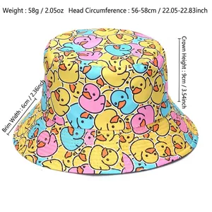Graffiti duck pattern reversible bucket hat with dimensions and weight info on white background