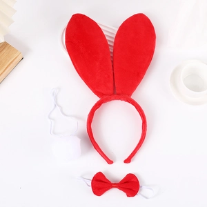 Three-piece red plush bunny ear headband set with matching bowtie and white pompom tail