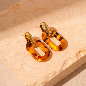 Detail of vintage acrylic tortoiseshell oval earrings with gold metal small ring accents