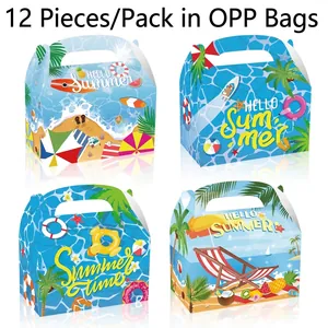 Summer Beach Theme Favor Boxes Paper Handheld Candy Gift Gable Box Tropical Palm Tree Surfboard Pattern Party Supplies