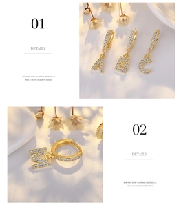 Detailed macro view of gold-plated S925 silver letter earrings with sparkling zircon inlay
