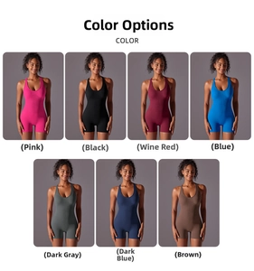 Collage of seamless one-piece yoga jumpsuits in various colors for women's fitness wear