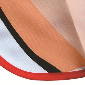 Close-up of durable woven fabric with vibrant orange stripes and red edge stitching