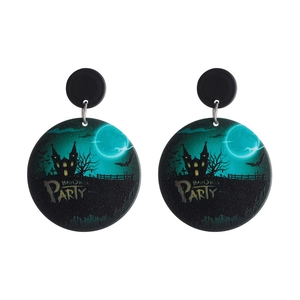 Halloween earrings featuring a spooky moon, bats, and Party text on round pendants