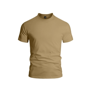 Men's khaki cotton Henley t-shirt featuring a short sleeve design and soft jersey texture